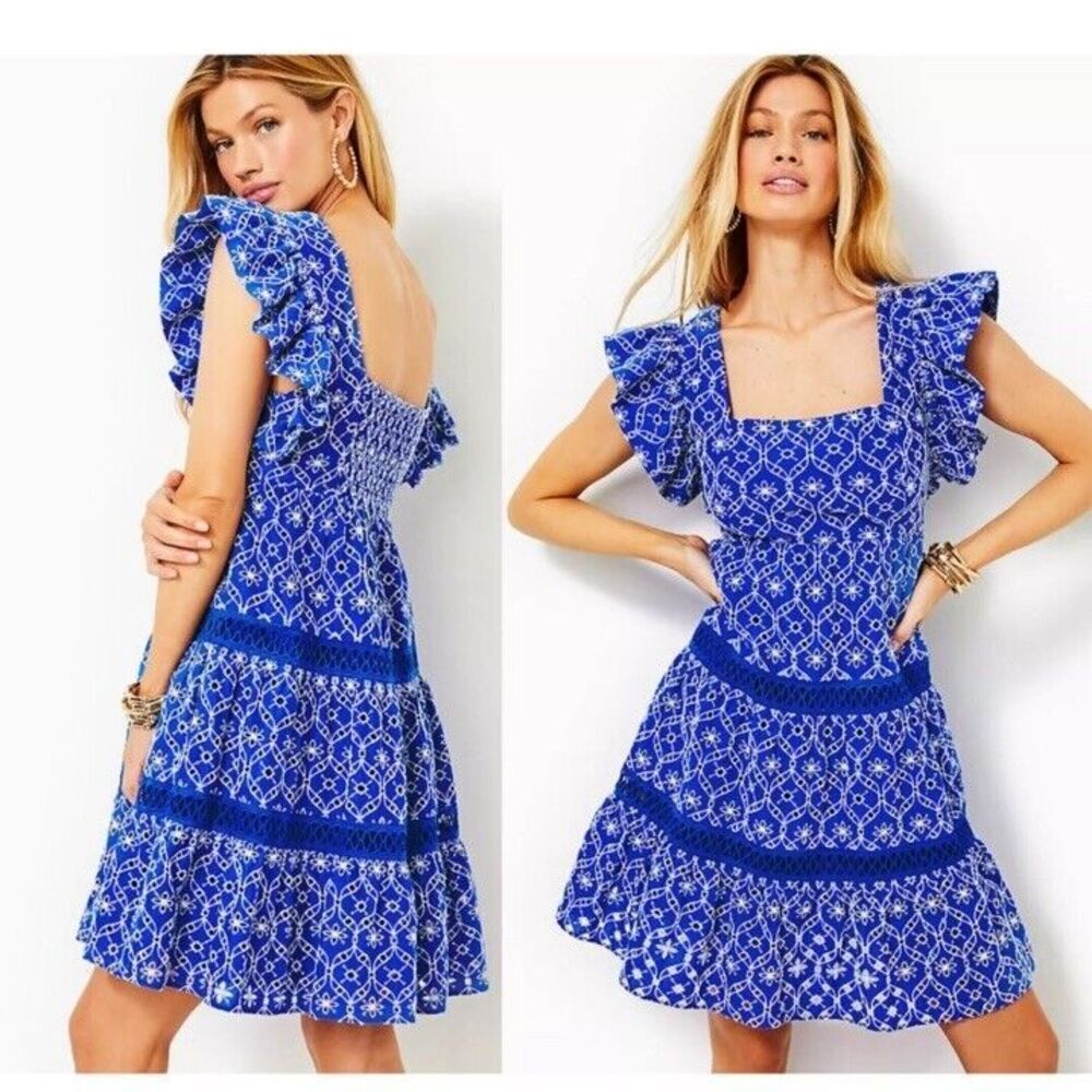 Lilly Pulitzer MORRIE Dress Size 0 crochet Grotto Flutter Eyelet tiered peasant